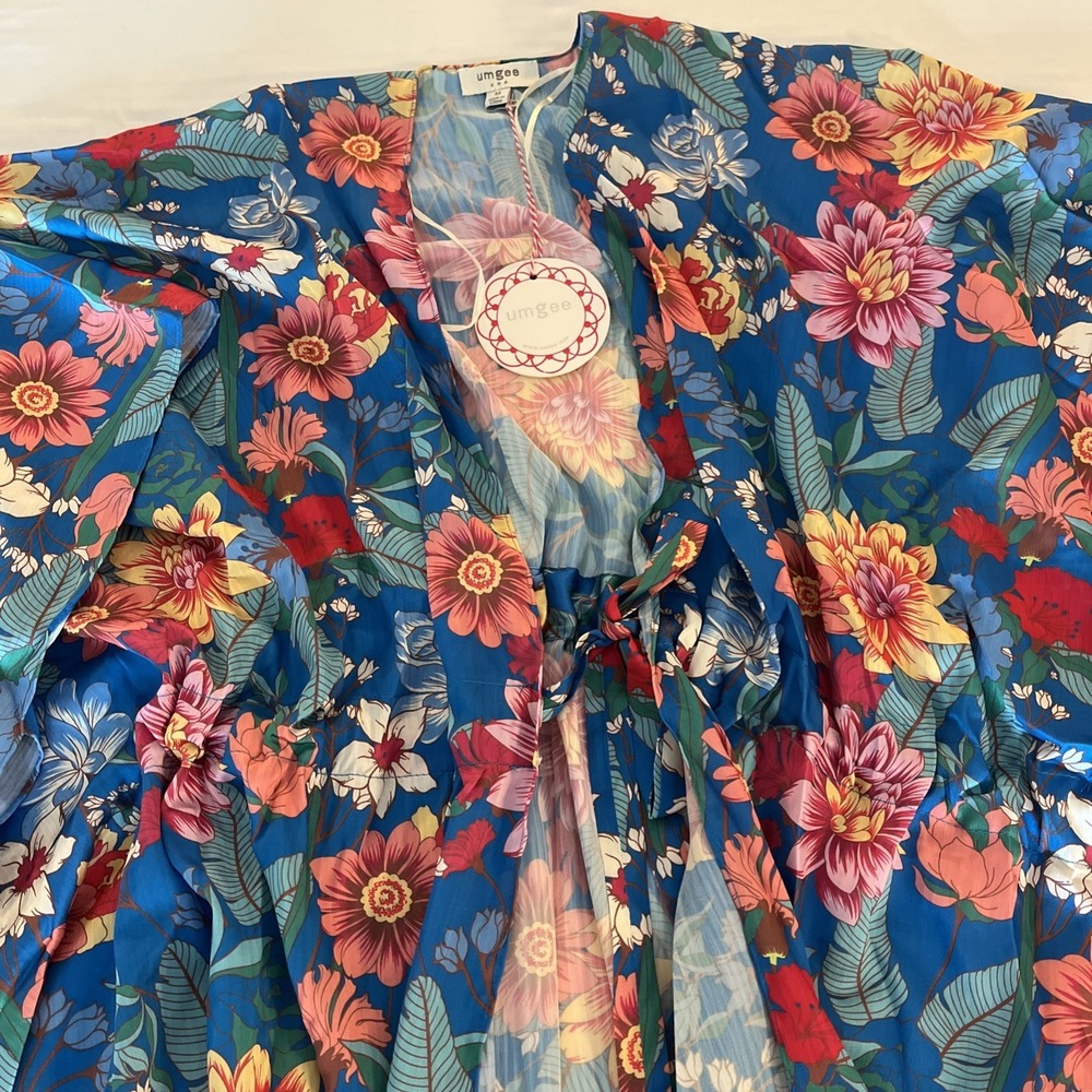Umgee Blue Floral Print Kimono Open Front Lightweight Cover Up Sz M/L Boho